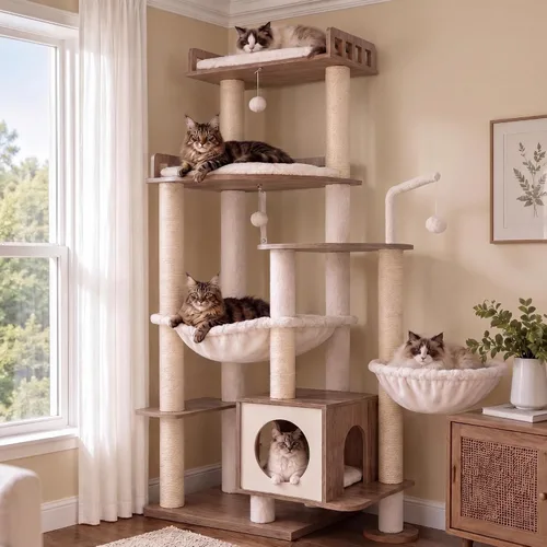 Vista 10 de Heybly Árbol para gatos, torre alta de madera para gatos grandes de Marrón rústico