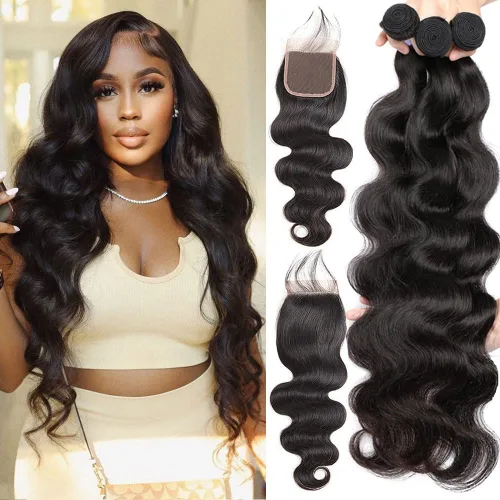 Vista 10 de Paquetes con extensiones de cabello ondulado con cierre (10 12 14+10, parte libre) cierre de encaje 4×4 con 3 paquetes 100% cabello humano virgen