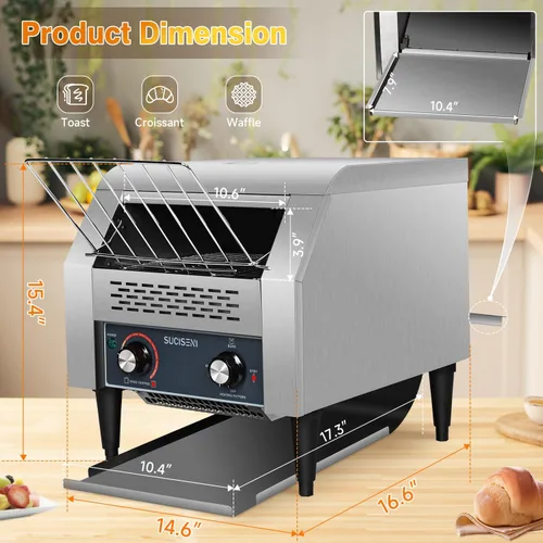 Vista 2 de Tostadora comercial de 300 rebanadas/hora 1900 W, tostadora industrial de alta resistencia, horno eléctrico de acero inoxidable con tubo