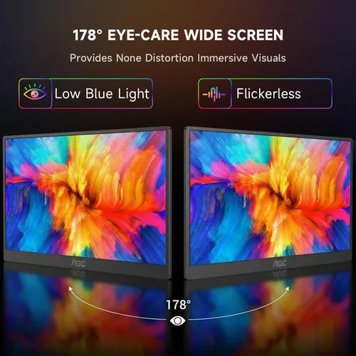 Vista 14 de AOC Monitor portátil de 15.6 pulgadas FHD 1080P IPS 125% sRGB, monitor de viaje USB-C HDMI para laptop, segunda pantalla externa ultra delgada