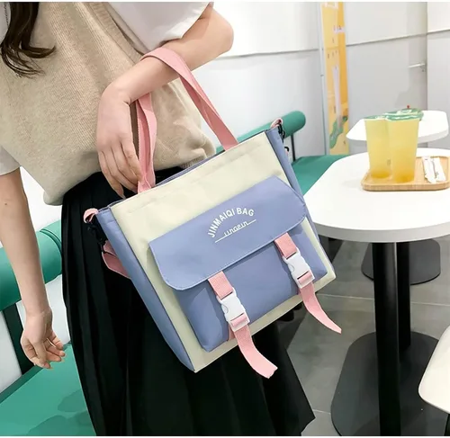 Vista 4 de Juego de 5 mochilas kawaii con colgante de oso y alfileres, suministros de regreso a clases, kit de bolsa de conejito de retazos (azul), Azul
