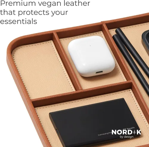 Vista 3 de Nordik - Bandeja de valet de cuero, color marrón arena, bandeja de mesita de noche elegante y organizada de cuero vegano de primera calidad