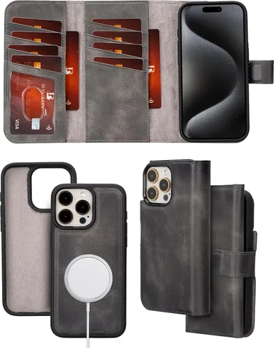Vista 11 de Bayelon Estuche tipo billetera para iPhone 15 Pro, cartera de cuero desplegable de tres pliegues, cubierta tipo folio magnética desmontable, soporte