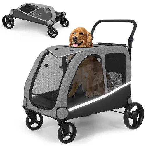 Vista 9 de Cochecito para perros grandes, cochecito extra grande para mascotas para perros medianos, carrito para perros, diseño plegable, asa ajustable