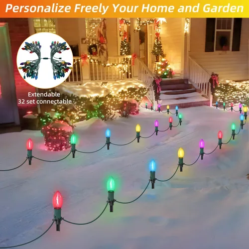 Vista 4 de USOKYO Luces LED C9 de 30 pies para caminos de Navidad al aire libre, 20 bombillas multicolor, impermeables, conectables, luces de Navidad