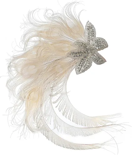 Vista 11 de Fascinator - Pinzas para el pelo con plumas de pavo real, diadema art déco, accesorios de los años 20 para mujer 04Blanco