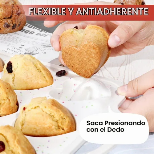Vista 6 de CAKETIME Molde para magdalenas con forma de corazón con marco metálico, moldes de silicona antiadherentes en forma de corazón para hornear muffins