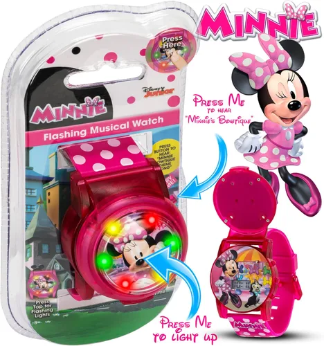 Vista 3 de Disney Minnie Mouse - Reloj musical intermitente para niños con efectos de sonido, luces LED coloridas, cubierta abatible interactiva, pantalla