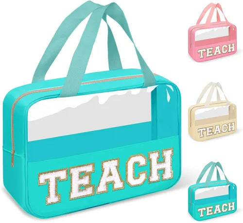 Vista 24 de izuzta Bolsas de maquillaje transparentes tipo tote con letras de chenilla, bolsa de maquillaje preppy con asa, Moda