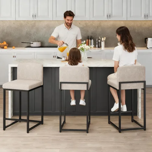 Vista 9 de GarveeHome Juego de 2 taburetes de bar, modernos taburetes de bar de altura de mostrador con respaldo y reposapiés, taburetes de bar tapizados