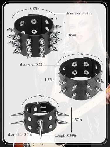 Vista 2 de Hicarer Pulsera punk de cuero de 3 piezas para hombres y mujeres, pulsera de los años 80, pulsera gótica punk rock, brazalete unisex para fiesta