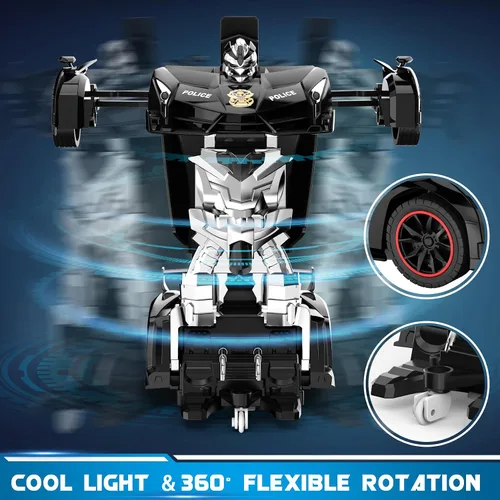 Vista 3 de FDJ - Auto a control remoto que se transforma en robot, transformación con un botón a robot con luz intermitente, juguete de policía para niños