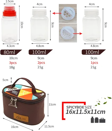 Vista 3 de Joyeee Kit de especias vacías para campamento, plástico seguro, PET, 3 botellas de especias líquidas de 2.7 onzas y 3 tarros de especias de 3.3
