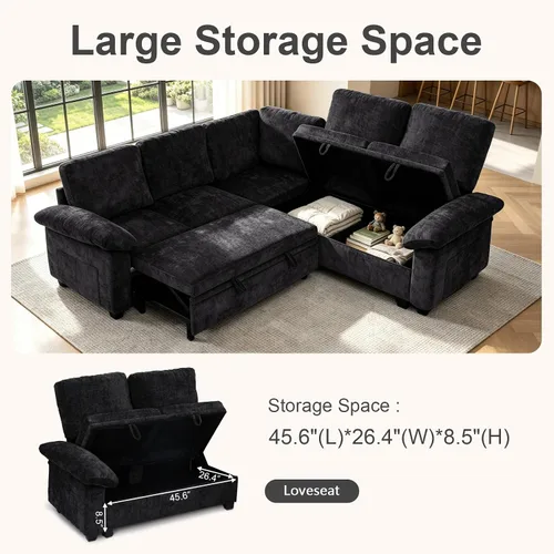 Vista 3 de 85" sofá seccional modular del durmiente, forma de L sacó el sofá cama con Negro