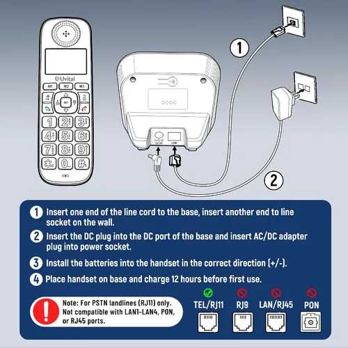 Vista 7 de Uvital Teléfono inalámbrico con DECT 6.0, altavoz dúplex completo, pantalla iluminada, identificación de llamada/llamada en espera/bloqueo