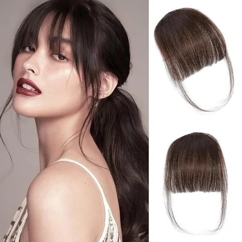 Vista 8 de YBYMCAI Flequillo con clip - Flequillo de pelo humano real, flequillo marrón negro, flequillo falso, flequillo de pelo humano, flequillo tenue