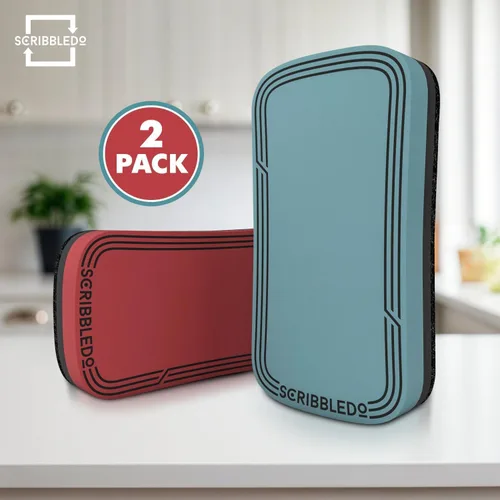 Vista 2 de SCRIBBLEDO Magnetic Whiteboard Dry Erase Erasers 2 Pc, 2x4 Inch Eraser Set with Washable Soft Felt Pads, Comfortable Foam Grip Tops and Strong Dual