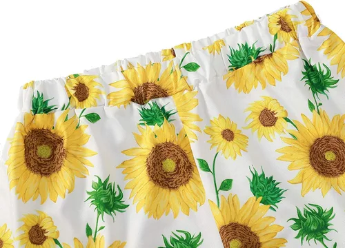 Vista 4 de Conjunto de traje de verano de 2 piezas con estampado de girasol, parte superior corta con volantes y pantalones cortos de cintura elástica