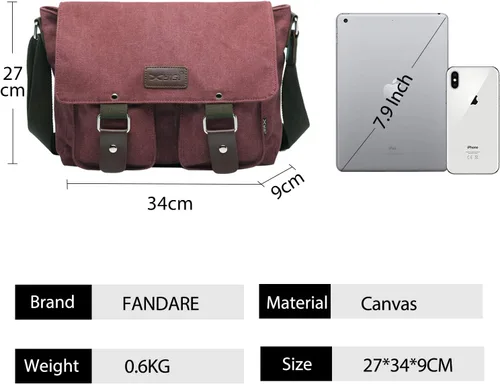 Vista 6 de FANDARE Bolso bandolera vintage de lona, Rojo vino, Classic