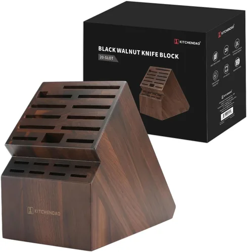 Vista 10 de KITCHENDAO Bloque de cuchillos de madera de acacia de 20 ranuras sin cuchillos, soporte universal para cuchillos de cocina, sostiene múltiples tipos