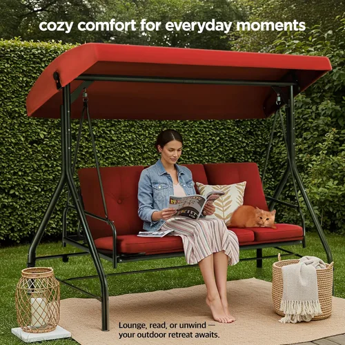 Vista 4 de Columpio para porche, columpio de 3 asientos para patio al aire libre con toldo para adultos, cama deslizante convertible, cojines gruesos