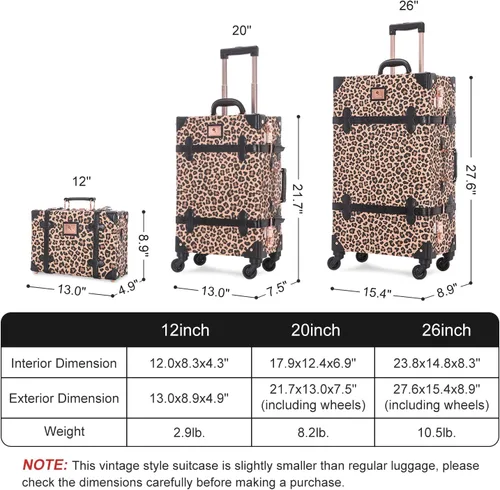 Vista 7 de Unitravel Juego de equipaje vintage de 3 piezas para mujer con cerradura TSA, Leopardo