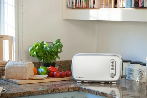 Vista 4 de Berghoff Seren - Tostadora de carga lateral delgada, encimera Cool Touch, color blanco Toaster With Slide Out Crumb Tray, Multi Mode Defrost