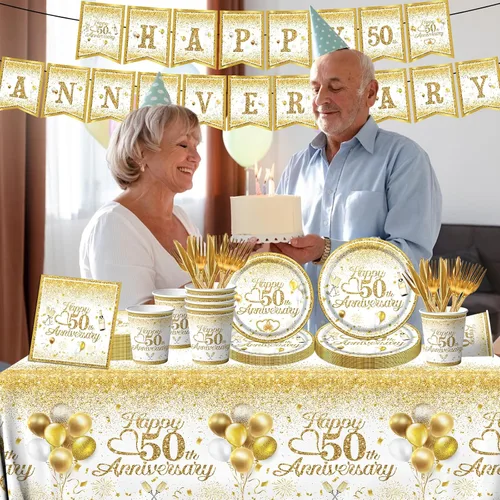 Vista 2 de Decoraciones de 50 aniversario: juego de vajilla Happy 50th con platos y servilletas con purpurina blanca y dorada para saludos a 50 años