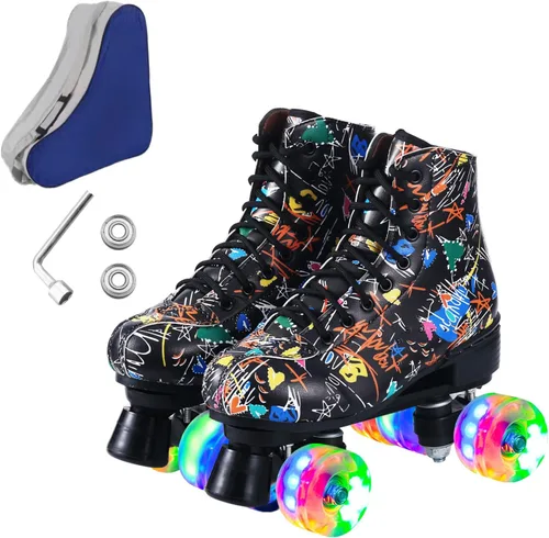 Vista 13 de Patines de ruedas para hombres y mujeres, patines Derby negros con 4 ruedas brillantes, patines clásicos de doble fila para interiores y exteriores