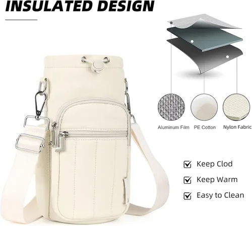 Vista 5 de Rueesh Bolsa para botella de agua con correa ajustable, bolsa de transporte de botellas con aislamiento RFID, bolsa cruzada para caminar