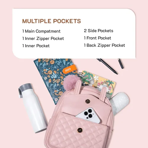 Vista 2 de Missnine Mini mochila para mujer, bonita mochila pequeña con pompón, de piel sintética, mochila pequeña casual para mujer, rosado (2-Pink)