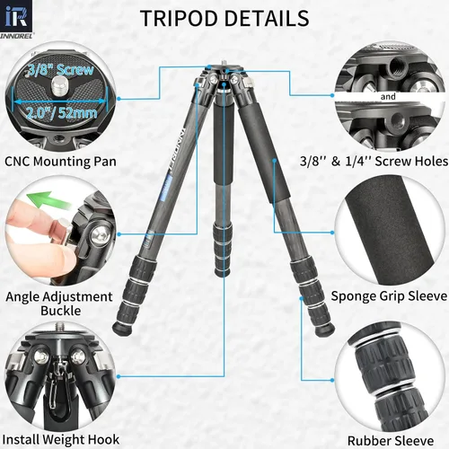 Vista 5 de Trípode de fibra de carbono-INNOREL CT75C - Trípode de viaje portátil profesional compacto para cámara de video digital DSLR, carga de 44.1 lb/20