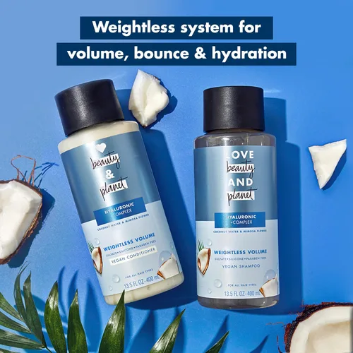 Vista 7 de Love Beauty and Planet Acondicionador de volumen sin peso con ácido hylaurónico agua de coco y flor de mimosa para el cuidado del cabello fino