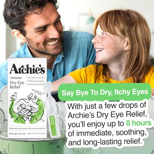 Vista 3 de Archie's Remedies, Alivio para ojos secos, gotas para los ojos ultra lubricantes, fórmula limpia y frascos sin conservantes, un solo uso