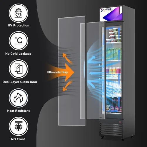 Vista 6 de Refrigerador comercial de bebidas, refrigerador de 7 pies cúbicos pequeños delgados de una sola puerta de vidrio con estantes ajustables de luz LED