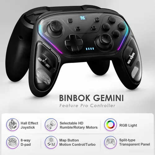 Vista 2 de BINBOK GEMINI Switch Controller, Wireless Switch Pro Controller for SwitchSwitch LiteSwitch OLED, Hall Effect Joystick Wireless RGB Remote Gamepad