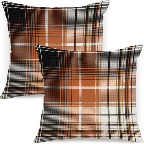 Vista 15 de AOFANGGO - Juego de 2 fundas de almohada de otoño decorativas de 16x16 pulgadas. Fundas de almohada de cuadros naranja y gris, cojines de lino