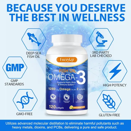 Vista 4 de Aceite de pescado Omega 3, suplemento Omega 3 de aceite de pescado para mujeres y hombres, 1280 mg por porción de alto EPA y DHA que apoya la salud