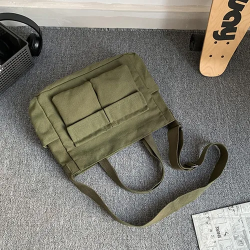 Vista 3 de Bolso bandolera de lona para mujeres y hombres, bolso de hombro grande con múltiples bolsillos, bolsa de lona, bolsa casual estética