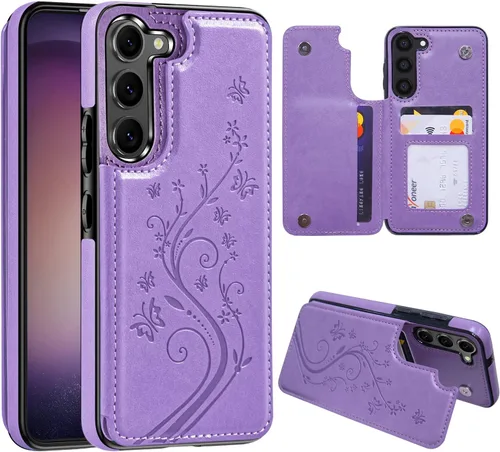 Vista 10 de Korecase - Funda tipo cartera para Samsung Galaxy S23 con tarjetero y tarjetero de piel sintética, diseño de mariposas y flores, color azul
