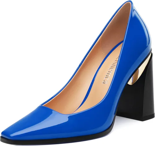 Vista 33 de Tacones altos para mujer, zapatos de vestir de tacón grueso con puntera cuadrada cerrada de patente, tacones elegantes, zapatos de vestir diarios