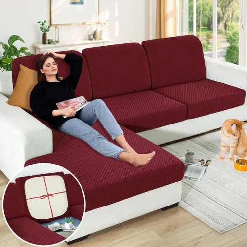 Vista 11 de YEMYHOM Funda de cojín para sofá, funda de cojín de asiento de alta elasticidad, tela jacquard geométrica de felpa, protector de sofá antideslizante