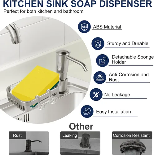 Vista 4 de Dispensador de jabón Mecyfaty para fregadero de cocina, bomba dispensadora de jabón integrada en el fregadero con soporte para esponja