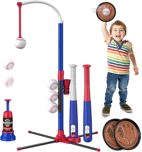 Vista 13 de HYES Juego de béisbol 3 en 1 para niños de 3 a 5 años - Soporte para pelota de tee, tee colgante, lanzador de pelotas y 6 pelotas de sóftbol