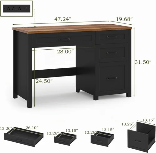 Vista 2 de Vabches Farmhouse - Escritorio ejecutivo de 47 pulgadas con 4 cajones, escritorio para computadora con cajón de archivos y estación de carga, Negro