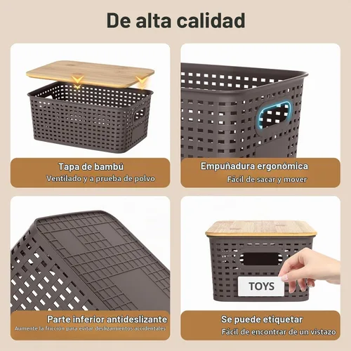 Vista 6 de Cestas de almacenamiento de plástico con tapas de bambú, contenedores pequeños apilables para organización y contenedores para estantes, cajones