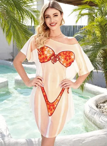 Vista 8 de Spadehill Traje de baño holgado de manga corta con estampado de bikini para mujer