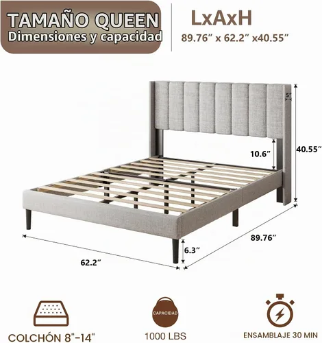 Vista 2 de HAOARA - Base de cama tamaño Queen con cabecera acolchada tapizada en terciopelo y diseño acanalado vertical y respaldo en forma de ala, base