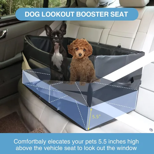 Vista 3 de Asiento elevador para perros de 2 perros pequeños/medianos, asiento de coche para perros con 2 cinturones de seguridad, piel sintética, impermeable