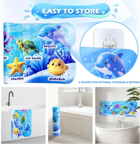 Vista 5 de Tapete de baño antideslizante para niños, tapete de baño antideslizante para niños de 40 x 16 pulgadas de largo para bañera con ventosas seguras